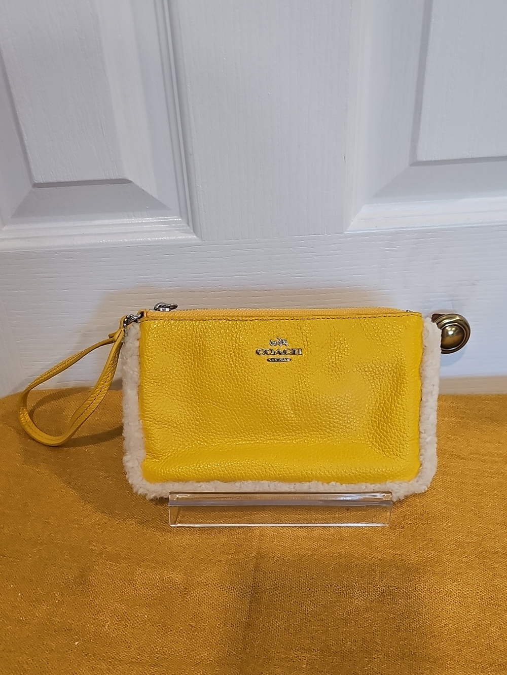 Coach Pebbled Leather Shearling Trimmed Wristlet in Yellow W/Hangtag F64709 NWOT